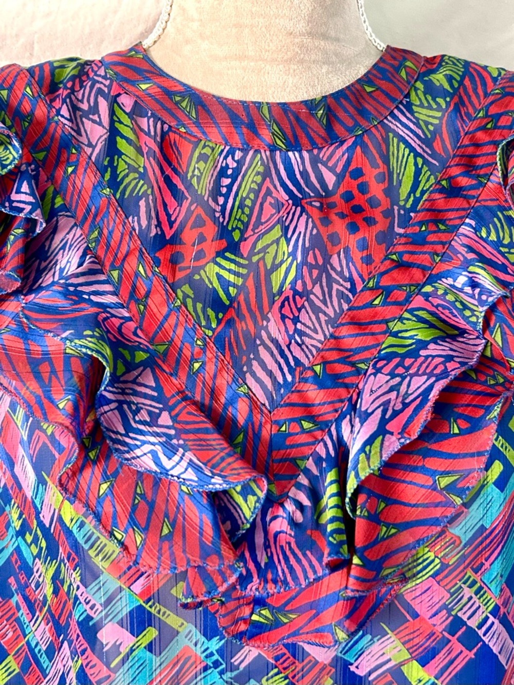 Vintage 80s Diane Freis Bold Multicolor Abstract Ruffle Drawstring Top, Size L - Picture 3 of 17